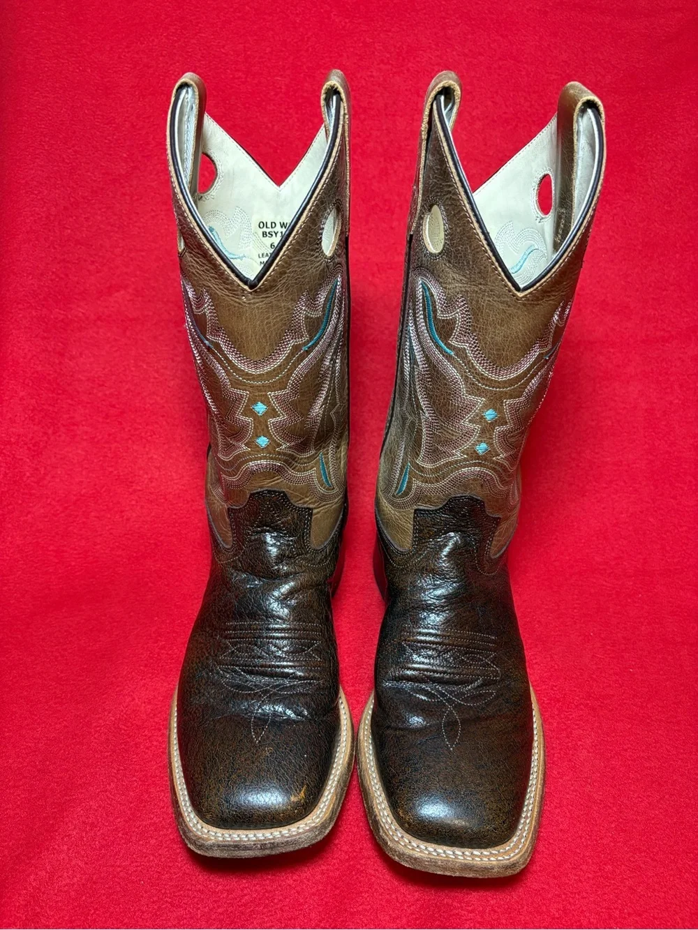 Old West Youth 6D Brown Leather Square Toe Cowboy Boots Blue Stitching
